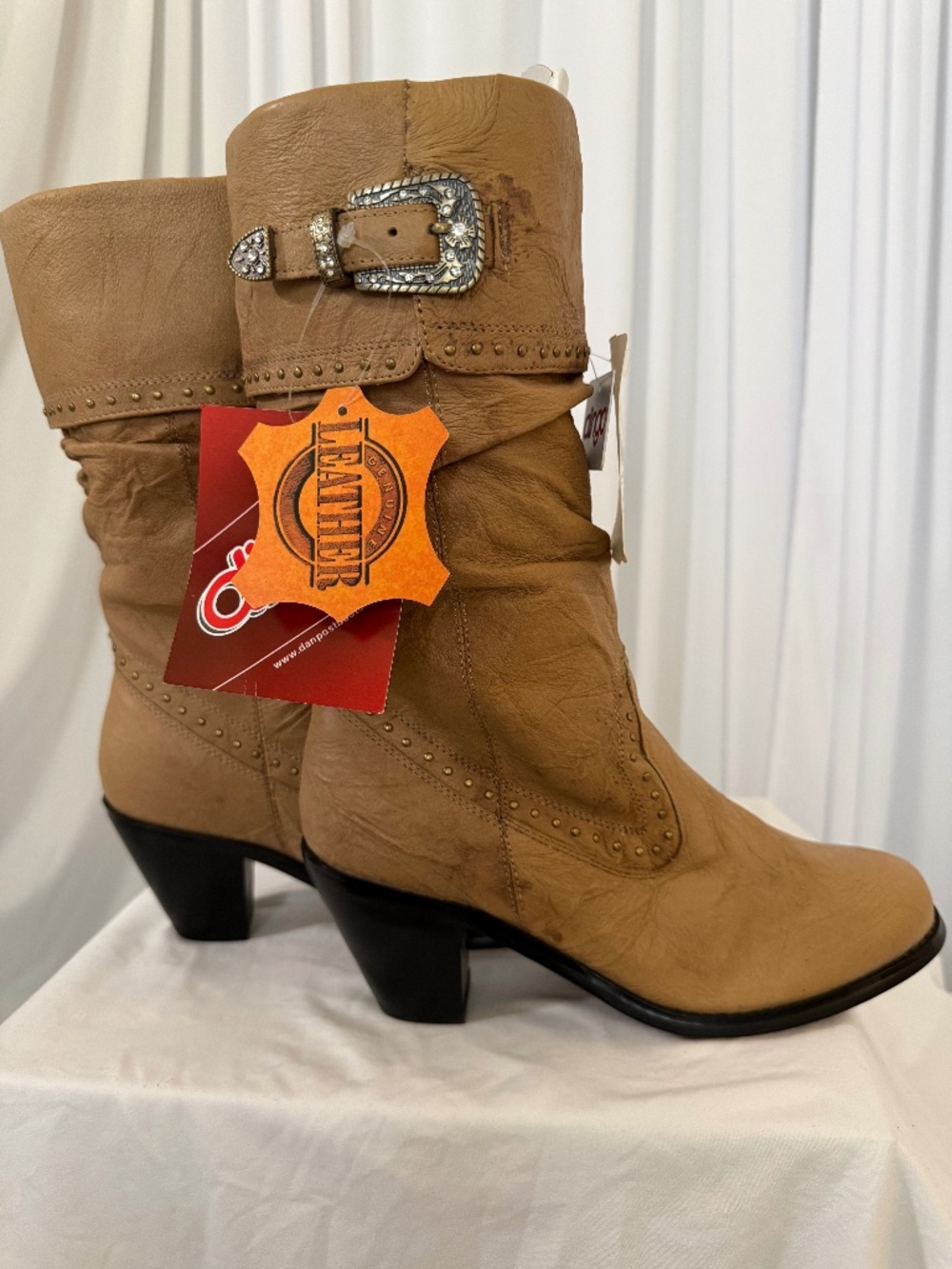 Dingo Tan Leather Studded Slouch Western Boots Rhinestone Buckle 8M NWT